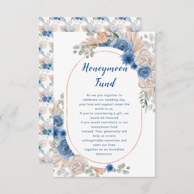 Boho Blue Pampas Grass Wedding Honeymoon Fund Begleitkarte (Vorne/Hinten)
