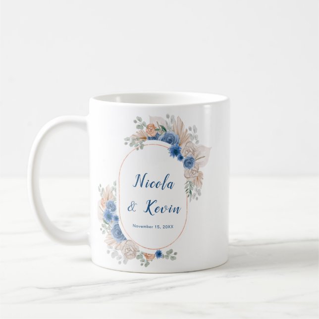 Boho Blue Pampas Grass Wedding Kaffeetasse (Links)