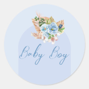 Boho Blue Pampasgras Blumen Oh Boy Baby Shower  Runder Aufkleber
