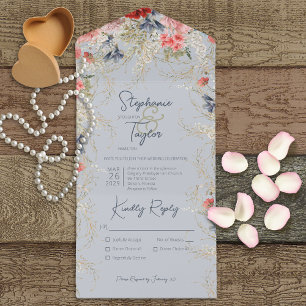 Boho Blue & Pink Floral Dusty Blue Dinner All In One Einladung