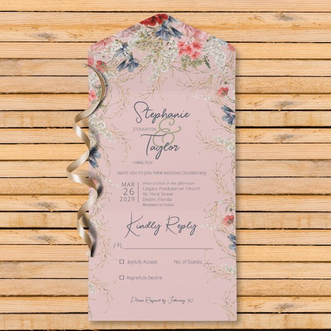 Boho Blue & Pink Floral Pink Kein Abendessen All In One Einladung (Also available with a QR code or with dinner selection options.)