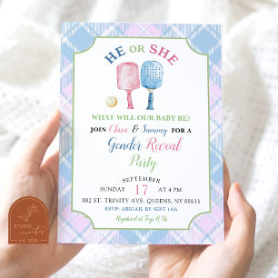 Boho Blue Pink Preppy Pickleball Gender Reveal Einladung