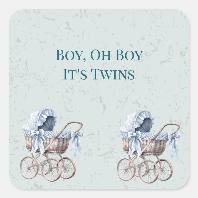 Boho Blue Prams Twin Boys Baby Dusche Quadratischer Aufkleber (Vorderseite)