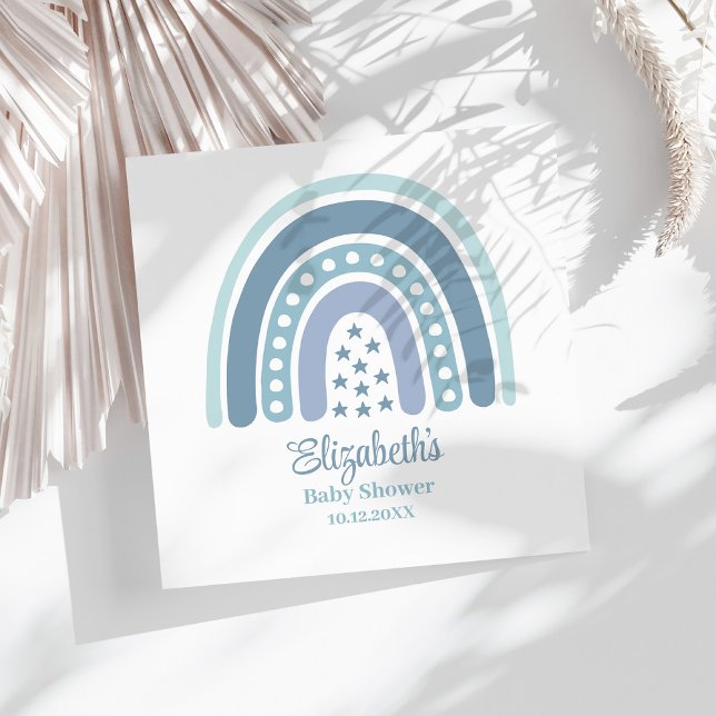 Boho Blue Rainbow Baby Dusche Napkins Serviette (Boho Blue Rainbow Baby Shower Napkins on a sunny white table.)
