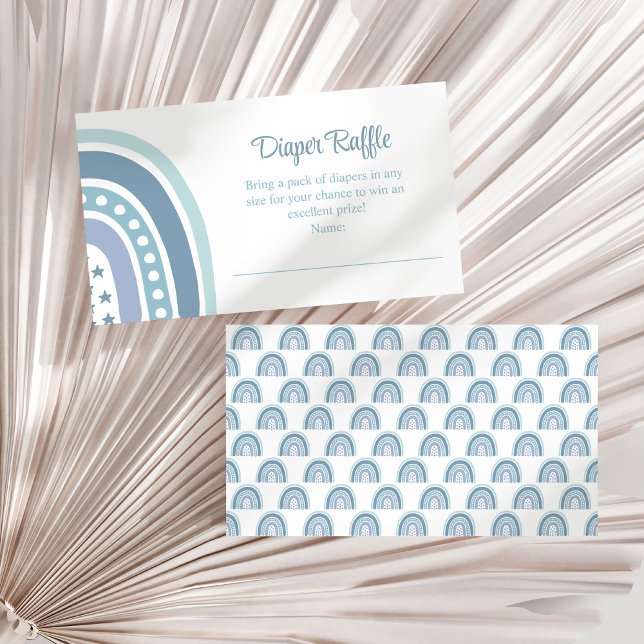 Boho Blue Rainbow Diaper Raffel Umschließkarte Begleitkarte (Boho Blue Rainbow Diaper Raffle Enclosure Card on a white dry palm leaf.)