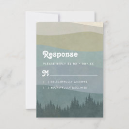 Boho Blue Retro Berge & Bäume Vertikale Hochzeit RSVP Karte