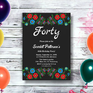 Boho Blue Rote Rosen Romantic Floral 40. Geburtsta Einladung
