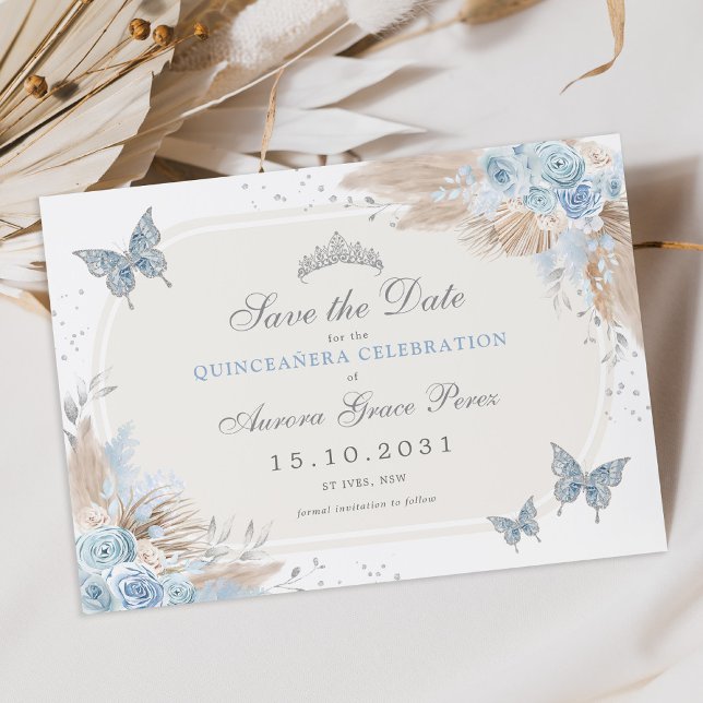 Boho Blue Silver Floral Quinceanera Save the Date Ankündigung (Von Creator hochgeladen)