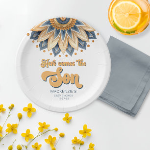 Boho Blue Sonnenblume Retro-Typografie Baby Shower Pappteller