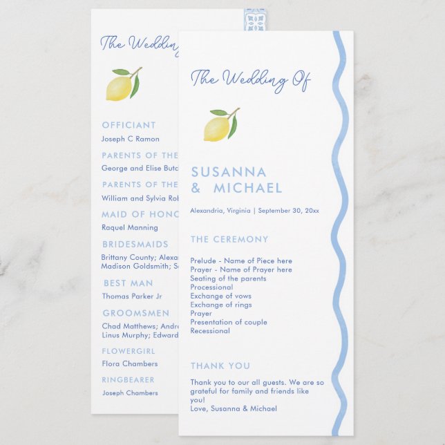 Boho Blue Squiggle Border Lemon Wedding Program Programm (Vorne/Hinten)