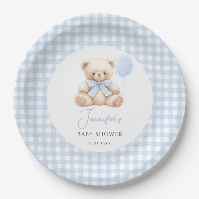 Boho Blue Teddy Bear Balloon Baby Boy Dusche Pappteller (Vorderseite)