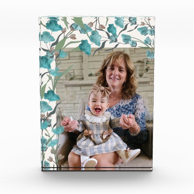 Boho Blue Turquoise Watercolor Wildblume Oma Fotoblock (Vorderseite)