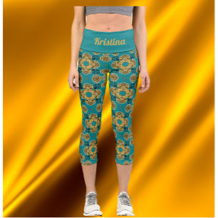 Boho Blue und Gold marokkanische Tiles Capri Leggings