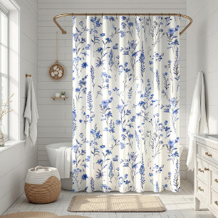 Boho Blue und White Wildblumen Duschvorhang