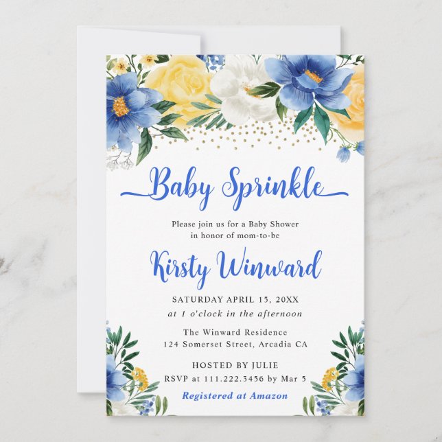 Boho Blue und Yellow Summer Blume Baby Sprinkle Einladung (Vorderseite)