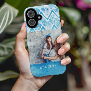 Boho Blue Wassercolor Zickzack MIT MONOGRAMM FOT iPhone 16 Hülle