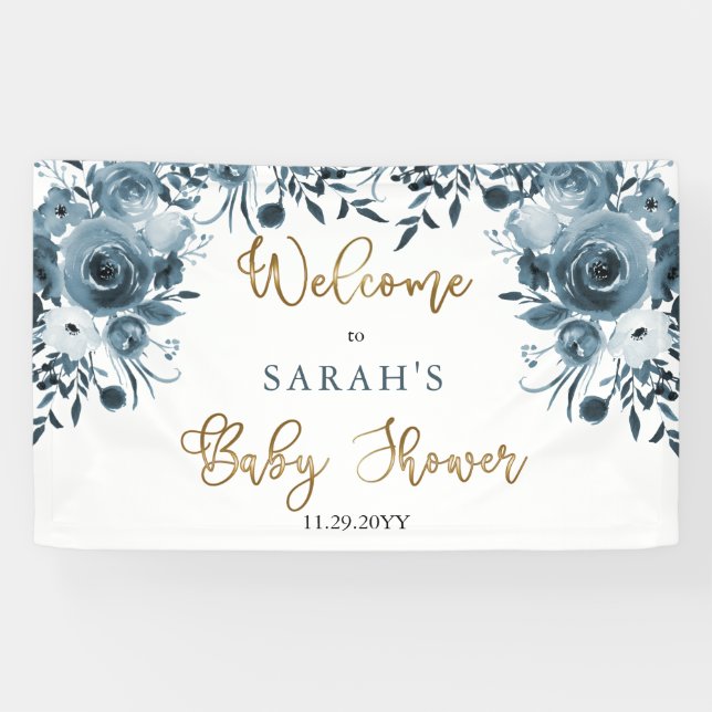 Boho Blue Watercolor Blumenbaby Dusche Willkommen Banner (Horizontal)