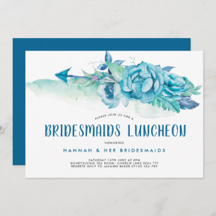 Boho Blue Watercolor Floral Bridesmaids Luncheon Einladung