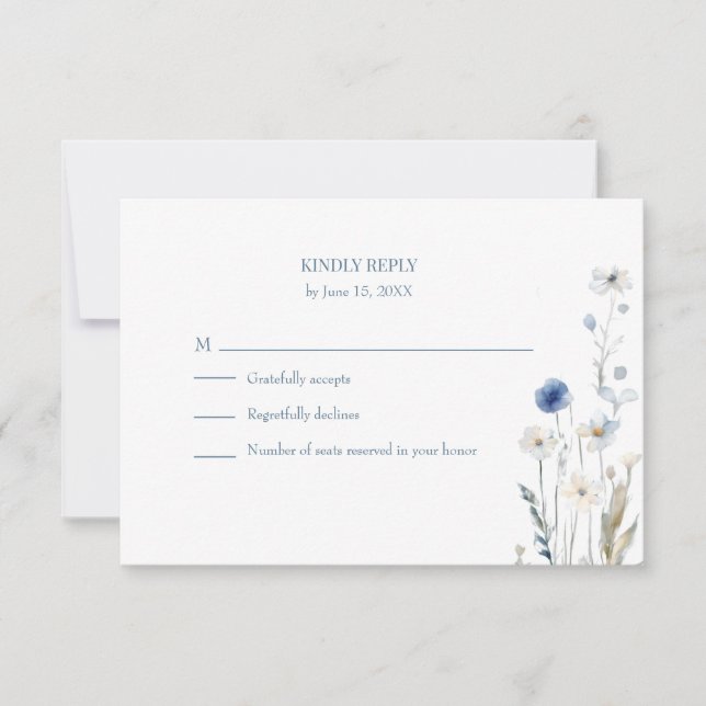 Boho Blue Watercolor Wildflowers Wedding RSVP Card (Vorderseite)