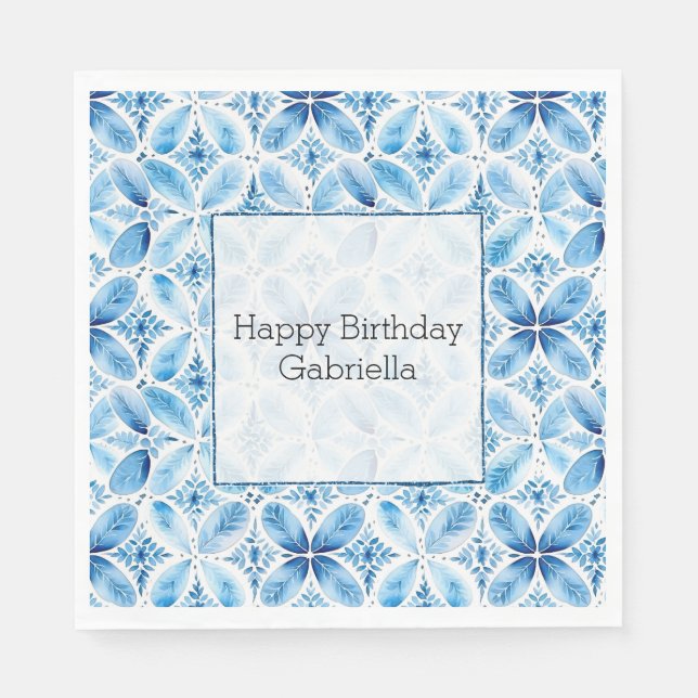Boho Blue White Floral Abstrakt Serviette (Vorderseite)
