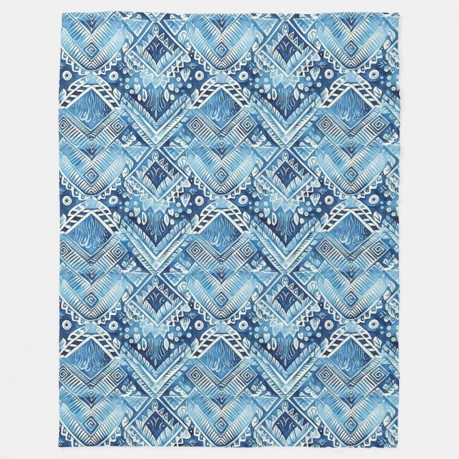 Boho Blue White Floral Hearts Abstrakt Fleecedecke (Vorderseite)