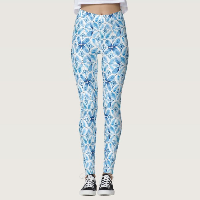 Boho Blue White Floral Leggings (Vorderseite)