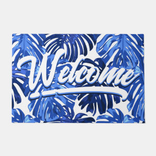 Boho Blue White Tropical Leaves Script Willkommen Fußmatte