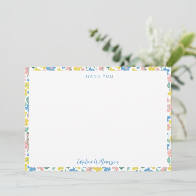 Boho Blue Yellow Ditsy Floral Custom Baby Dusche Dankeskarte (Stehend Vorderseite)
