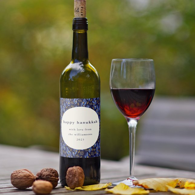 Boho Blue Yellow Hanukkah Botanical Custom Weinetikett (Von Creator hochgeladen)