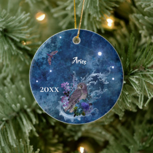 Boho Blue Zodiac Aries Constellation Keramik Ornament