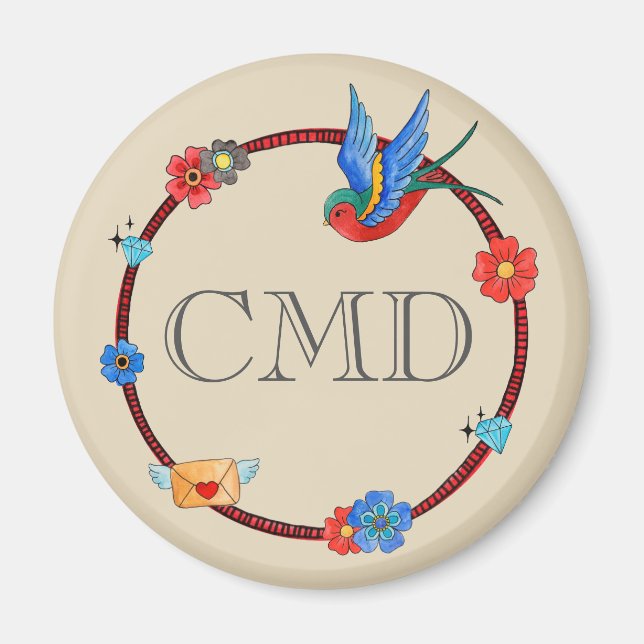 Boho Bluebird Monogramm Magnet (Vorne)