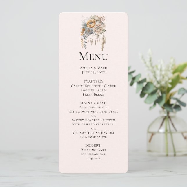 Boho Blume and Dreamcatcher - Wedding Menu Einladung (Stehend Vorderseite)