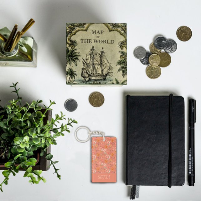 Boho Blume Aquarellmuster Name gelb orange Schlüsselanhänger (Von Creator hochgeladen)