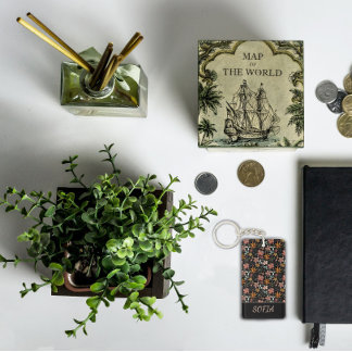 Boho Blume Aquarellmuster Name orange schwarz Schlüsselanhänger