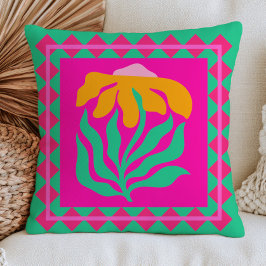 BOHO-Blume auf Fuchsia-Rosa und Grün Retro-Blumenm Kissen