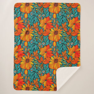 Boho Blume Blue und Orange Sherpadecke