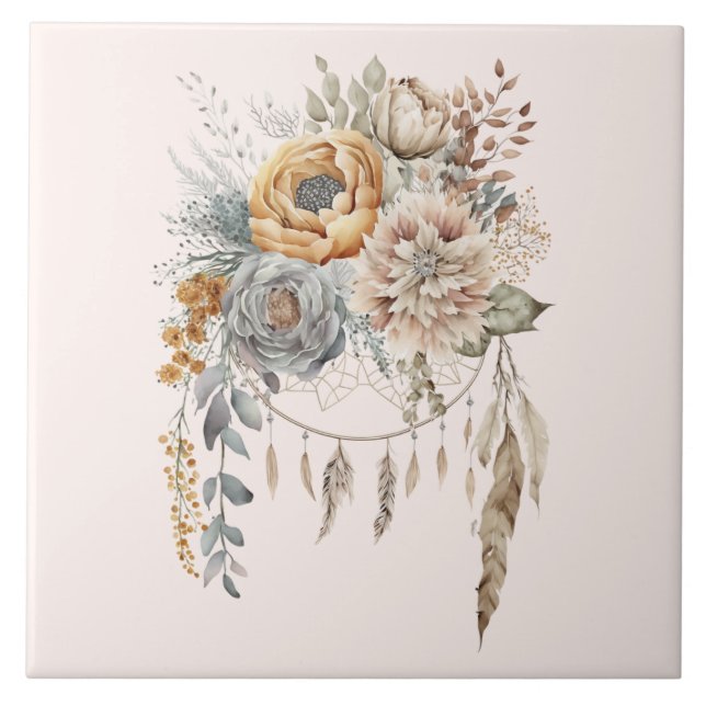 Boho Blume Bouquet und Dreamcatcher Fliese (Vorderseite)