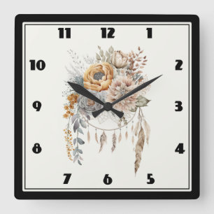Boho Blume Bouquet und Dreamcatcher Quadratische Wanduhr