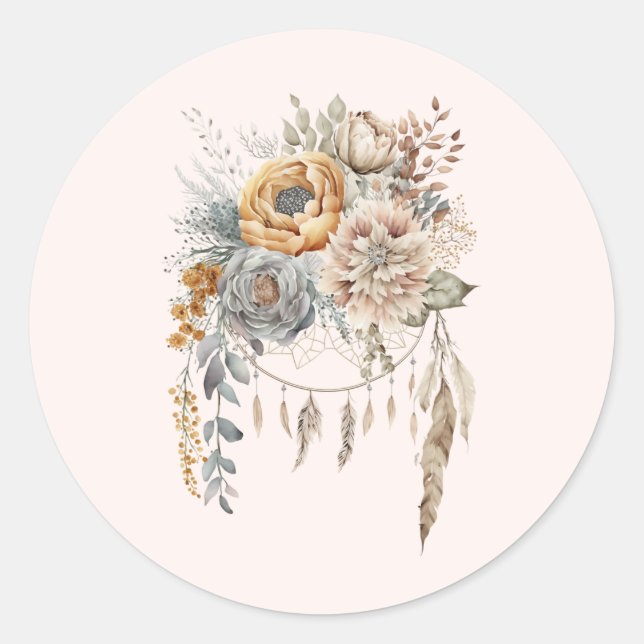 Boho Blume Bouquet und Dreamcatcher Runder Aufkleber (Vorderseite)