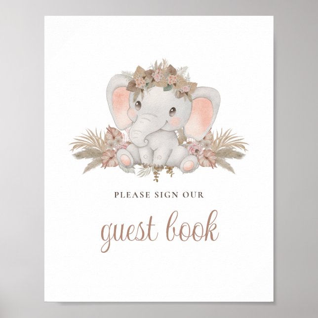 Boho Blume Elephant Baby Shower Guest Book Sign Poster (Vorne)