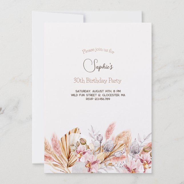 Boho Blume Erwachsene Einladung zum Geburtstag (Vorderseite)