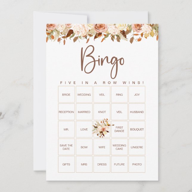Boho Blume Fall Brautparty Bingo Game Card Einladung (Vorderseite)