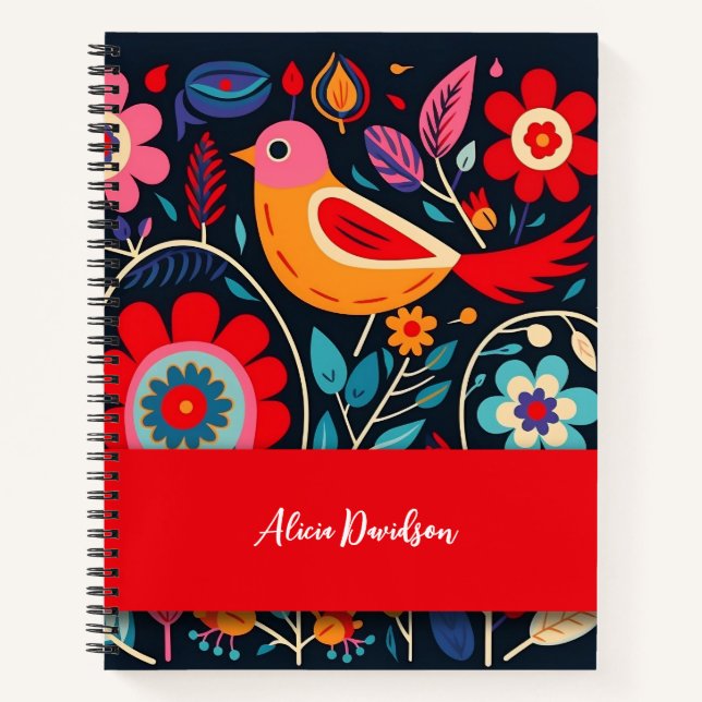 Boho Blume Folk Bird | Dein Name Notizbuch (Vorderseite)