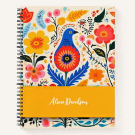 Boho Blume Folk Blue Bird | Dein Name Notizbuch