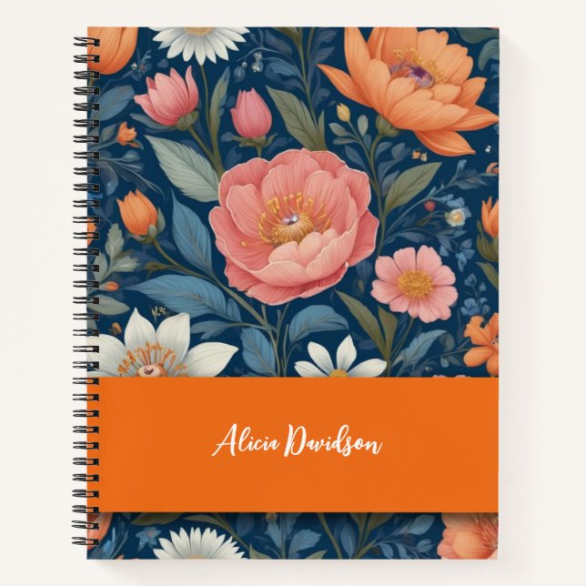 Boho Blume Folklore Style Orange | Dein Name Notizbuch (Vorderseite)