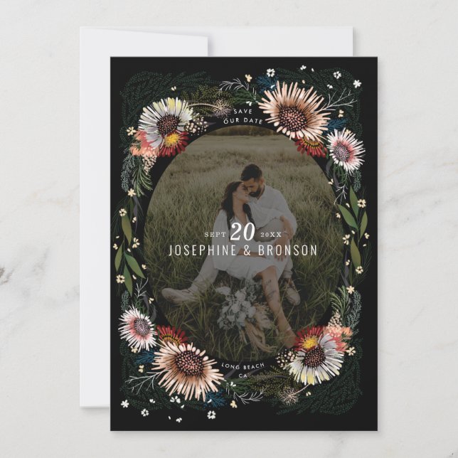 Boho Blume Foto Black Save The Date (Vorderseite)