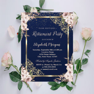 Boho Blume Gold Frame Navy Blue Retirement Einladung
