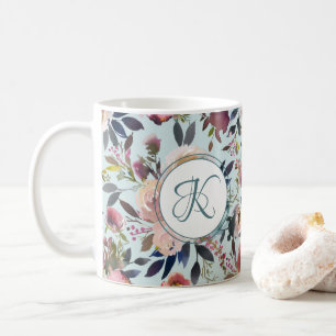 Boho Blume Green Pink Monogrammiert Kaffeetasse