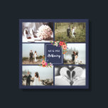 Boho Blume - Hochzeitfotomaterial Leinwanddruck<br><div class="desc">Schöner Leinwand mit einer Collage von sechs Hochzeitsstipps. Die Collage ist marineblau und mit Bildern von hübschen böhmischen Blume geschmückt. Fügen Sie Ihre Fotos hinzu und fügen Sie Ihren Namen in ein charmantes Kalligraphieskript ein.</div>