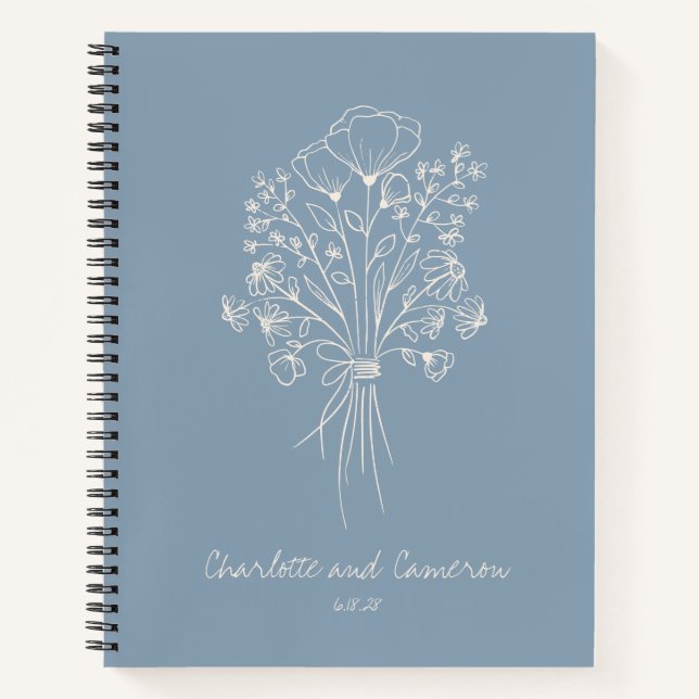 Boho Blume Line Art Personalisiert Wedding Blue Notizbuch (Vorderseite)